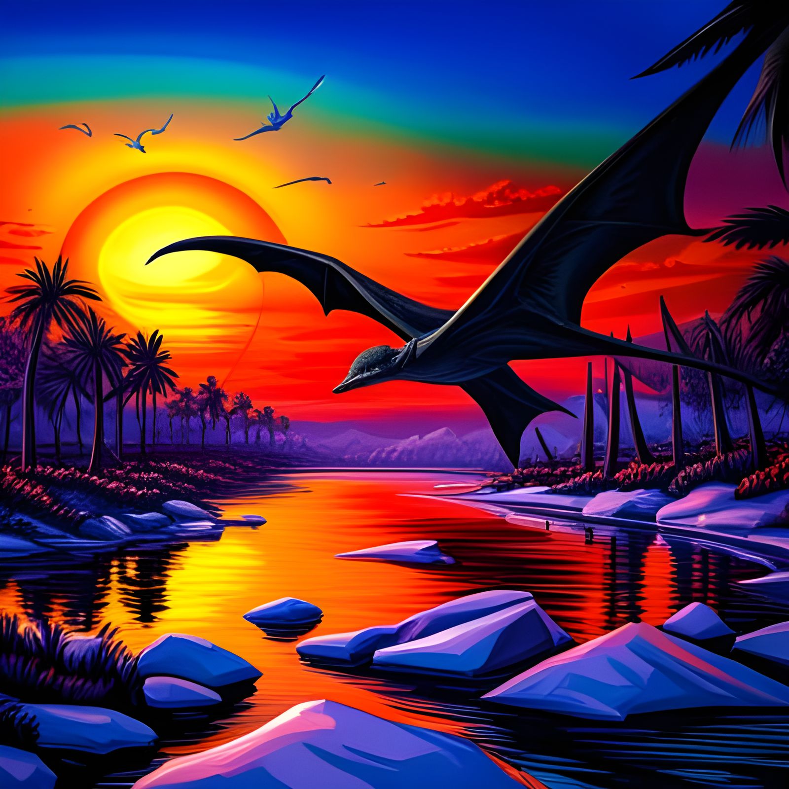Giant Pterodactyl Sunset in Tropical Ice Age Eden