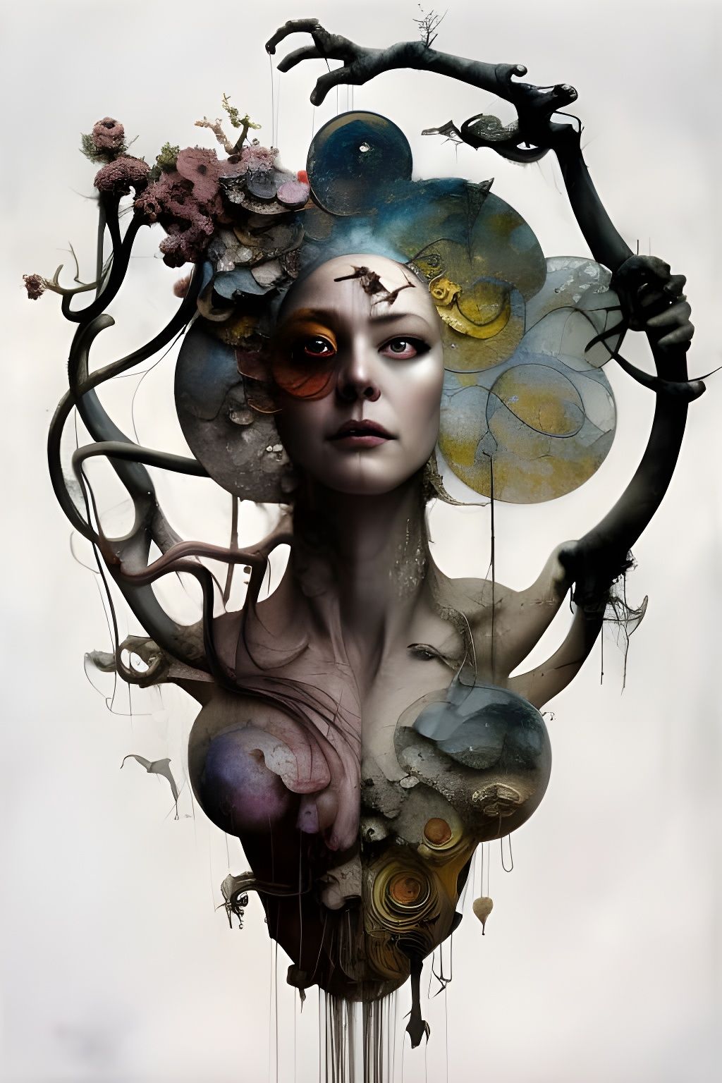 Surreal Multi-Faced Goddess in Mixed Media Art