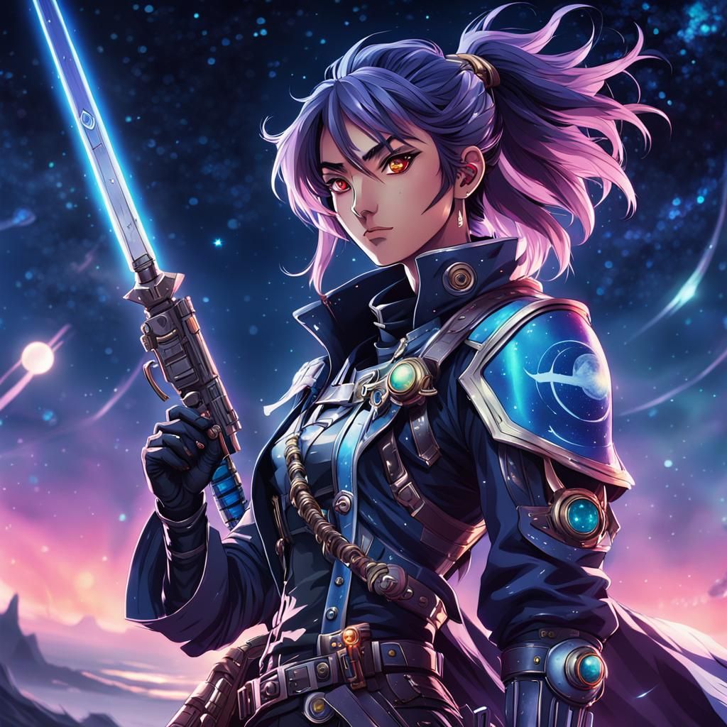 Vibrant Anime Portrait of Space Pirate at Dusk