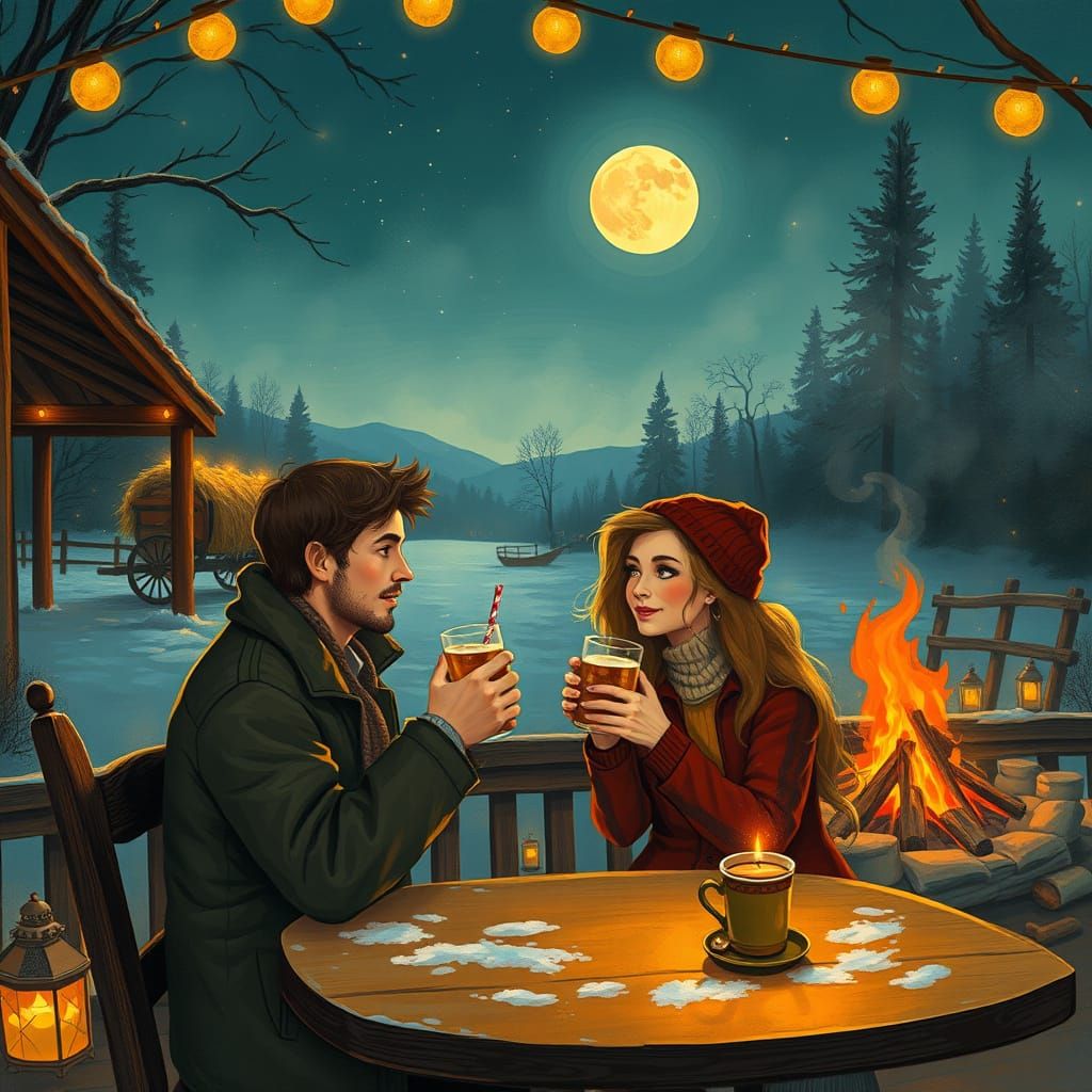 Romantic Cafe Scene Under Harvest Moon