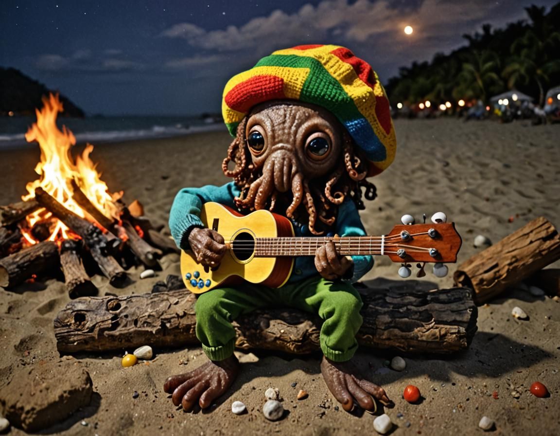 Cute Octopus Plays Ukulele at Campfire