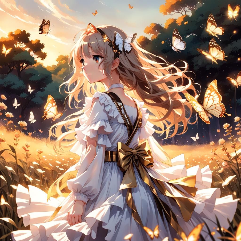 Anime Girl with Butterflies in Golden Hour Light