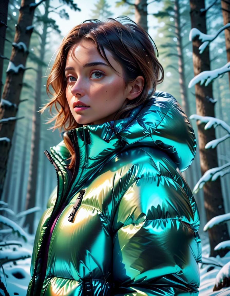 Woman in Shiny Jacket in Snowy Forest, Hyperrealistic