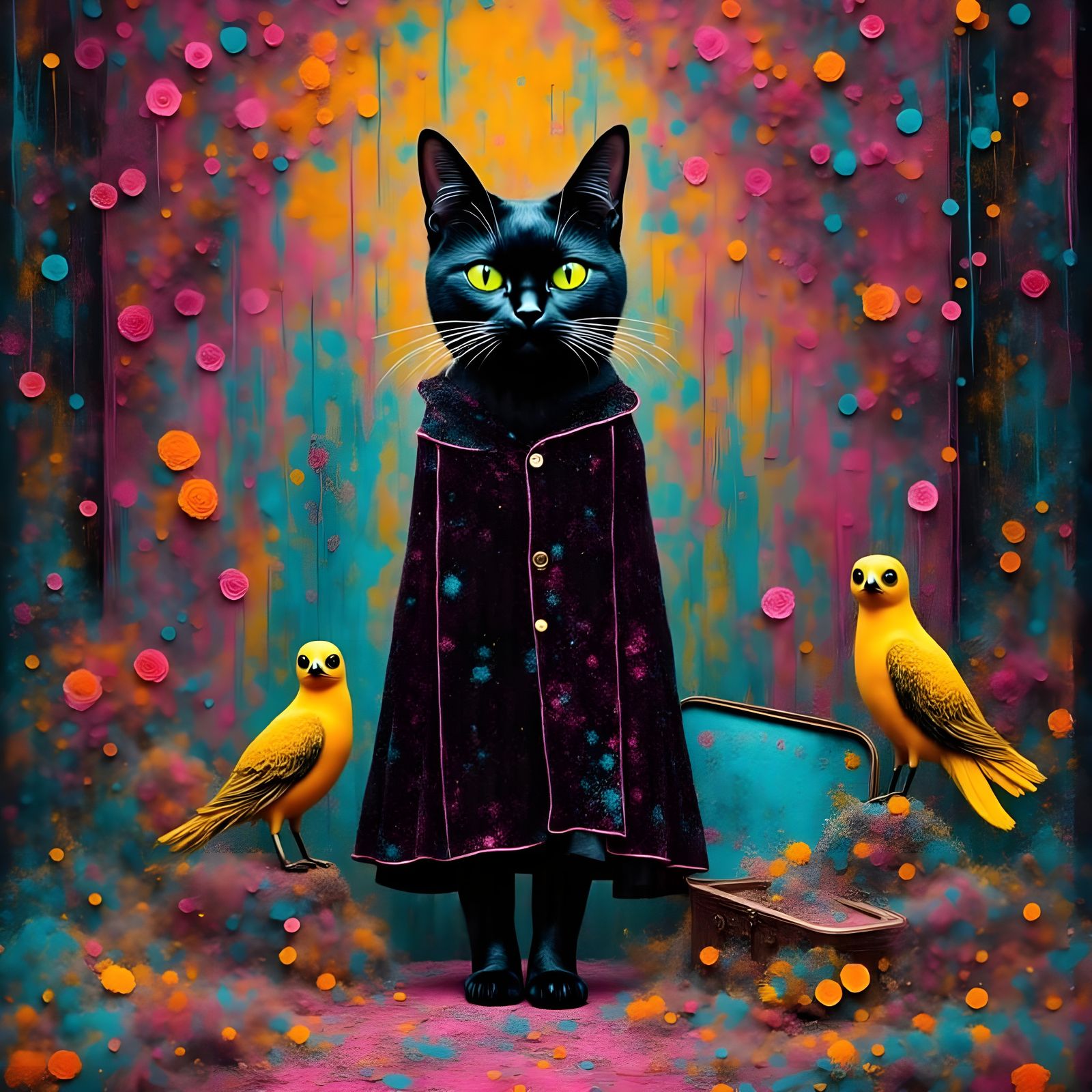 Witch Cat Bella Stars in Eclectic Mixed-Media Theatrical Art