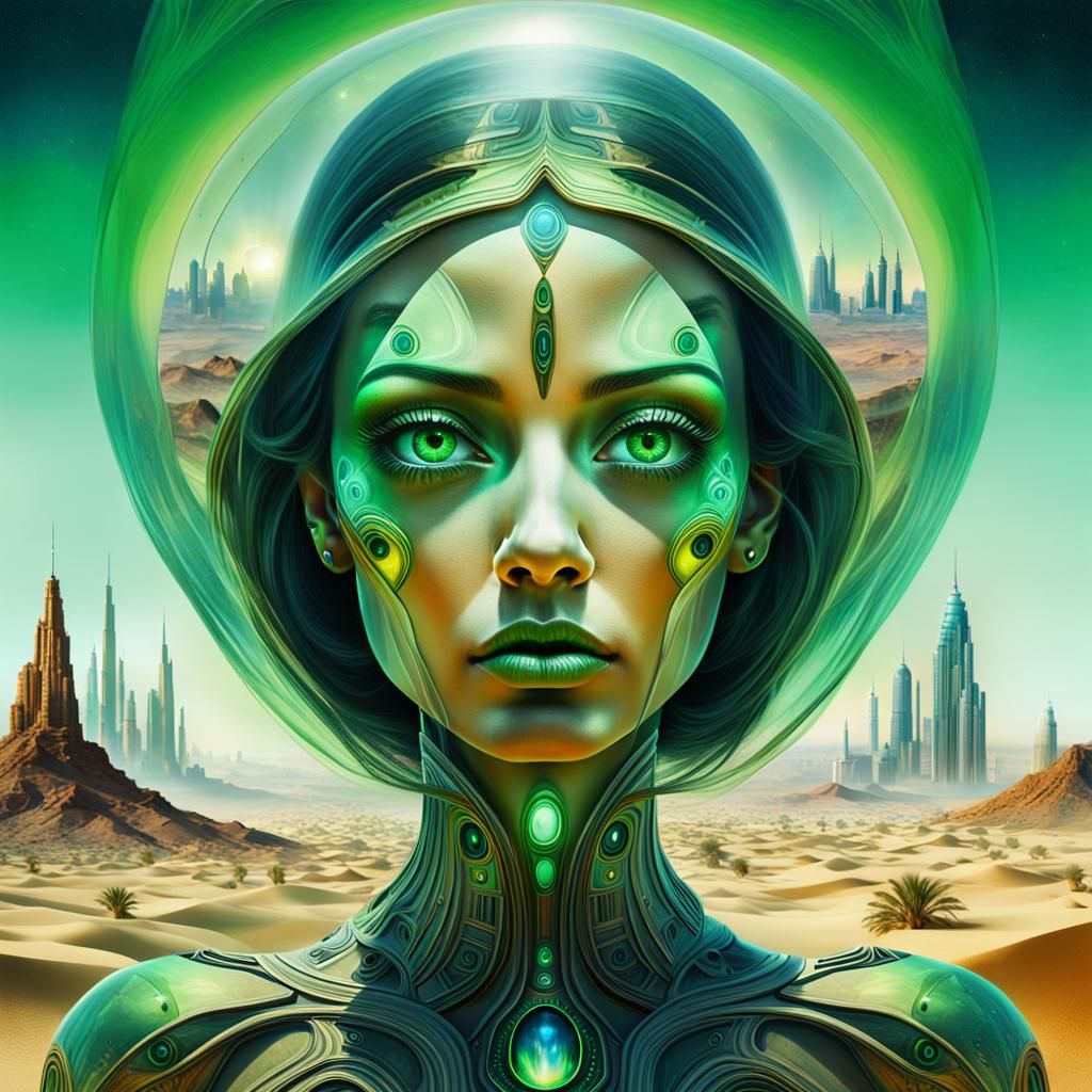 Martian Girl with Cityscape Mind in Surreal Style