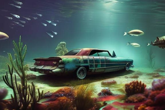 Underwater Cadillac with Octopus and Fish: Digital Art