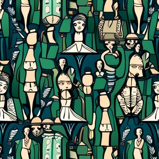 Emerald Background with Colorful Figures in Abstract Style