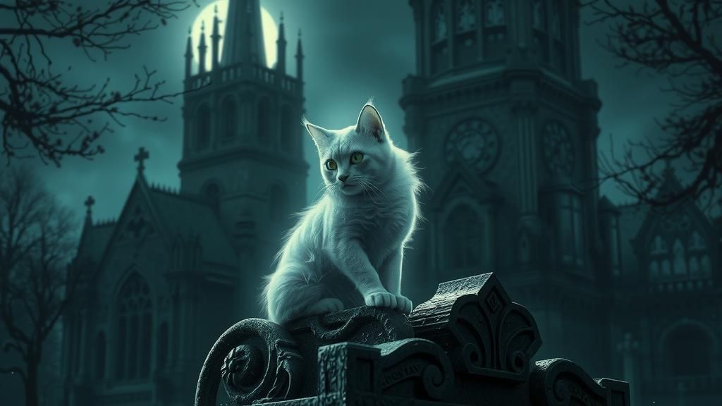 Ghost Cat in Graveyard with Gothic Church