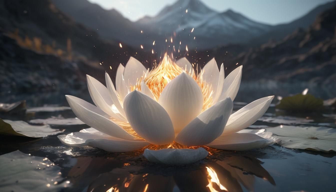 Burning White Fire Lotus Flower with Luminous Aura