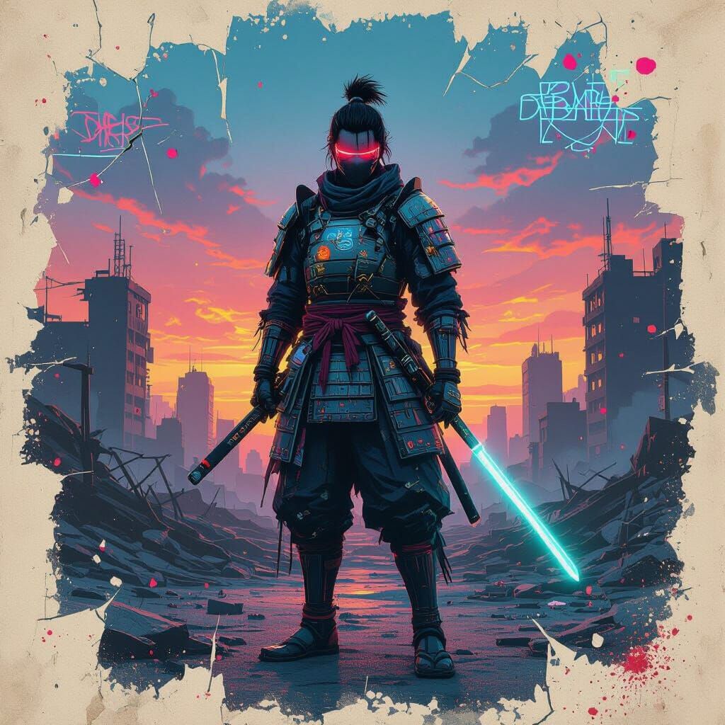 Neon Samurai in Fractured Cityscape, Digital Art
