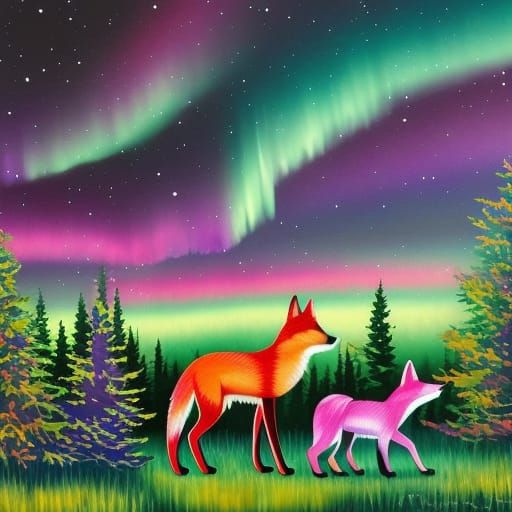 Spirit Foxes Under Aurora: Fantasy Watercolour Landscape