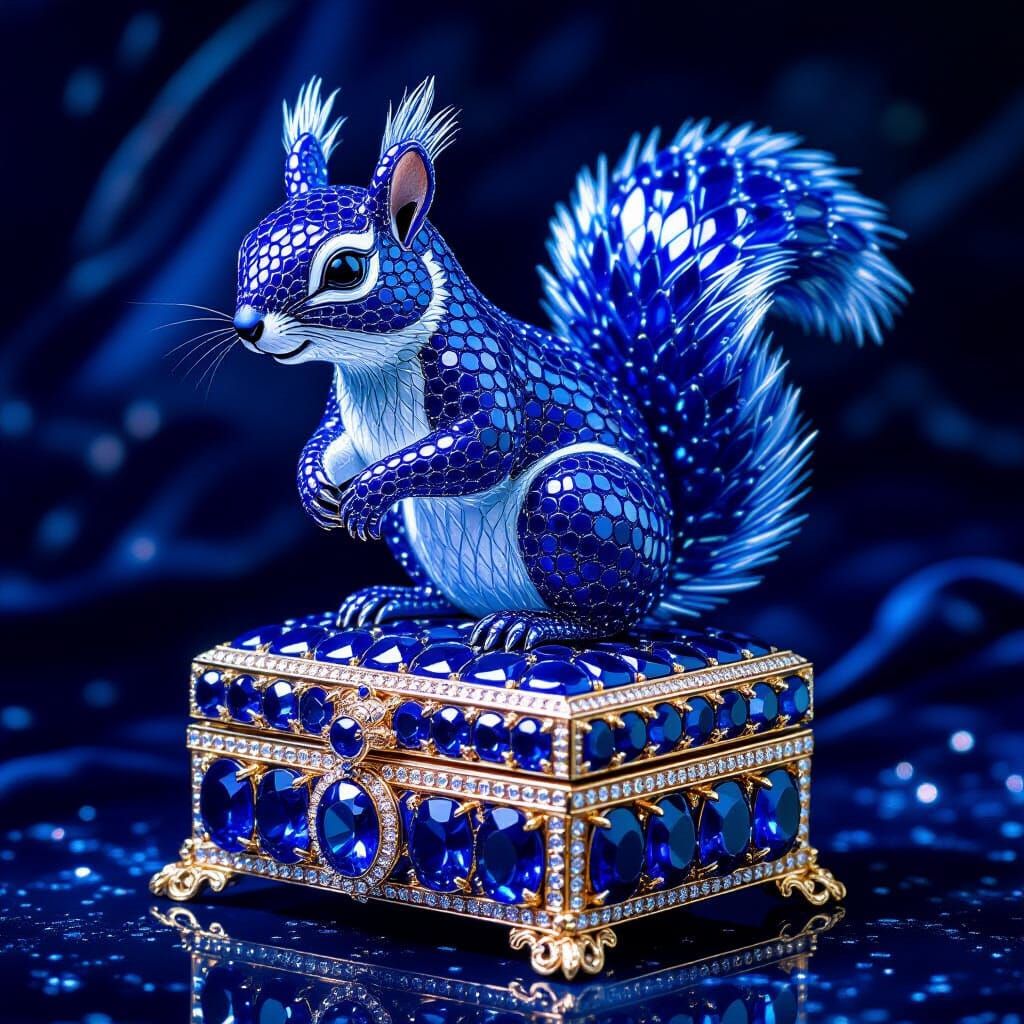 Sapphire Squirrel Sculpture on Jeweled Treasure Box