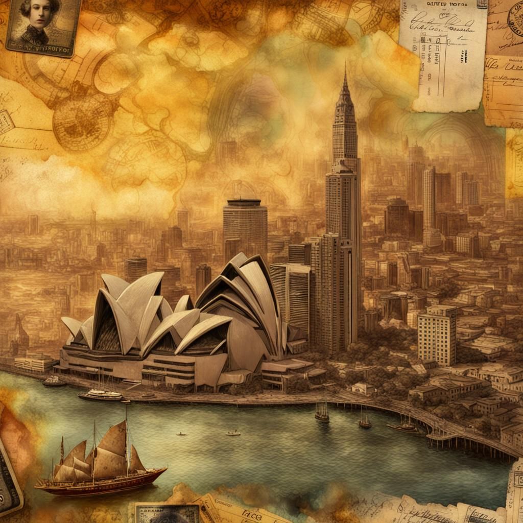 Surreal Sydney Collage in Distressed Golden Hour