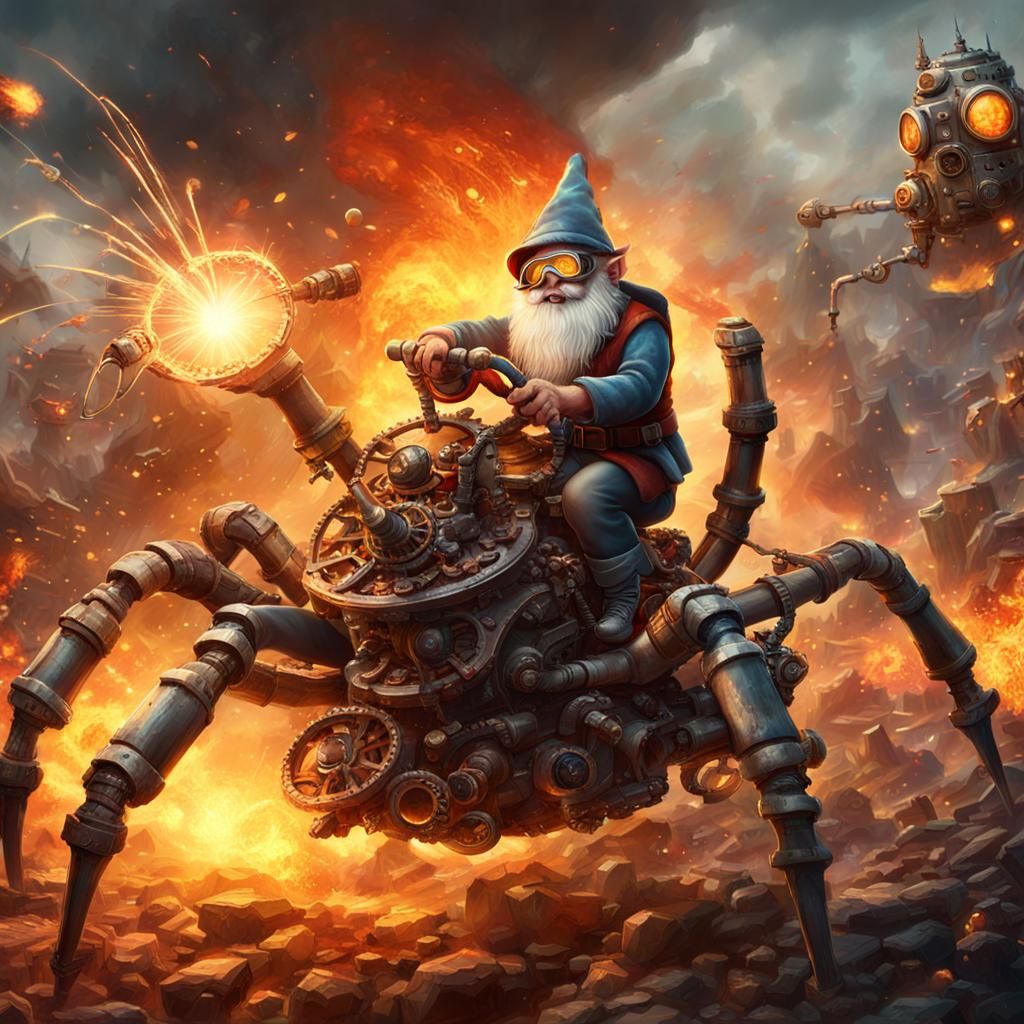 Gnome Artificer on Mechanical Spider in Battle