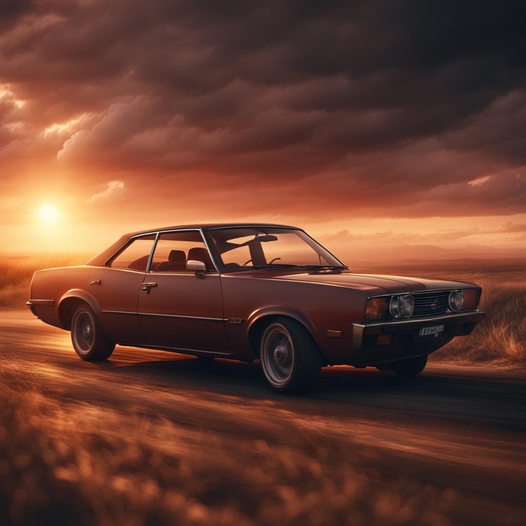 Classic Car Drifting at Sunset: Cinematic Digital Art