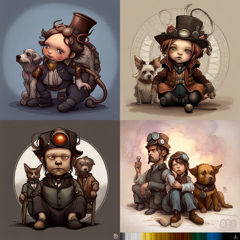 Steampunk Toddlers on a Dog Portrait in Fantasy Style