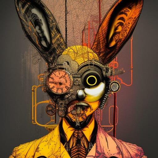 Steampunk Rabbit and Saturn Cube Digital Painting