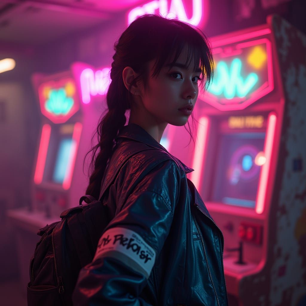Woman in Neon Jacket Posing in Cyberpunk Arcade