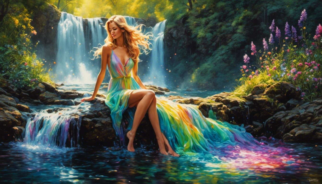 Watercolor Water Fairy Washing in Waterfall