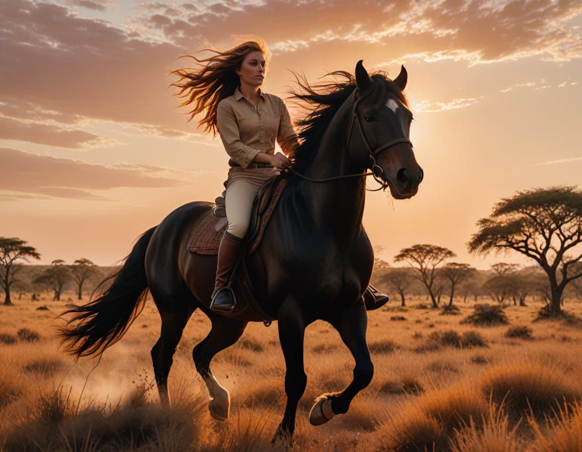 Woman Rides Stallion Through Savanna in Oil Painting Style