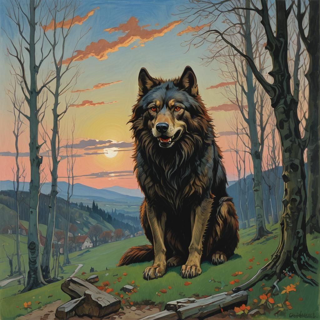Lycanthrope at Dawn in Effulgent Gouache Style