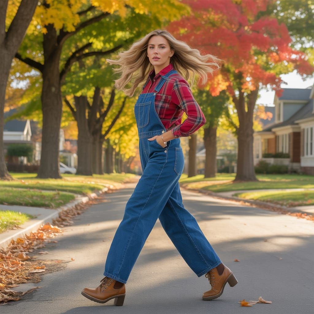 Woman in Overalls Walks Suburban Street in Fall
