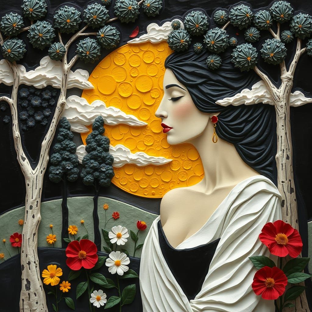 Woman Under Yellow Harvest Moon in Art Nouveau