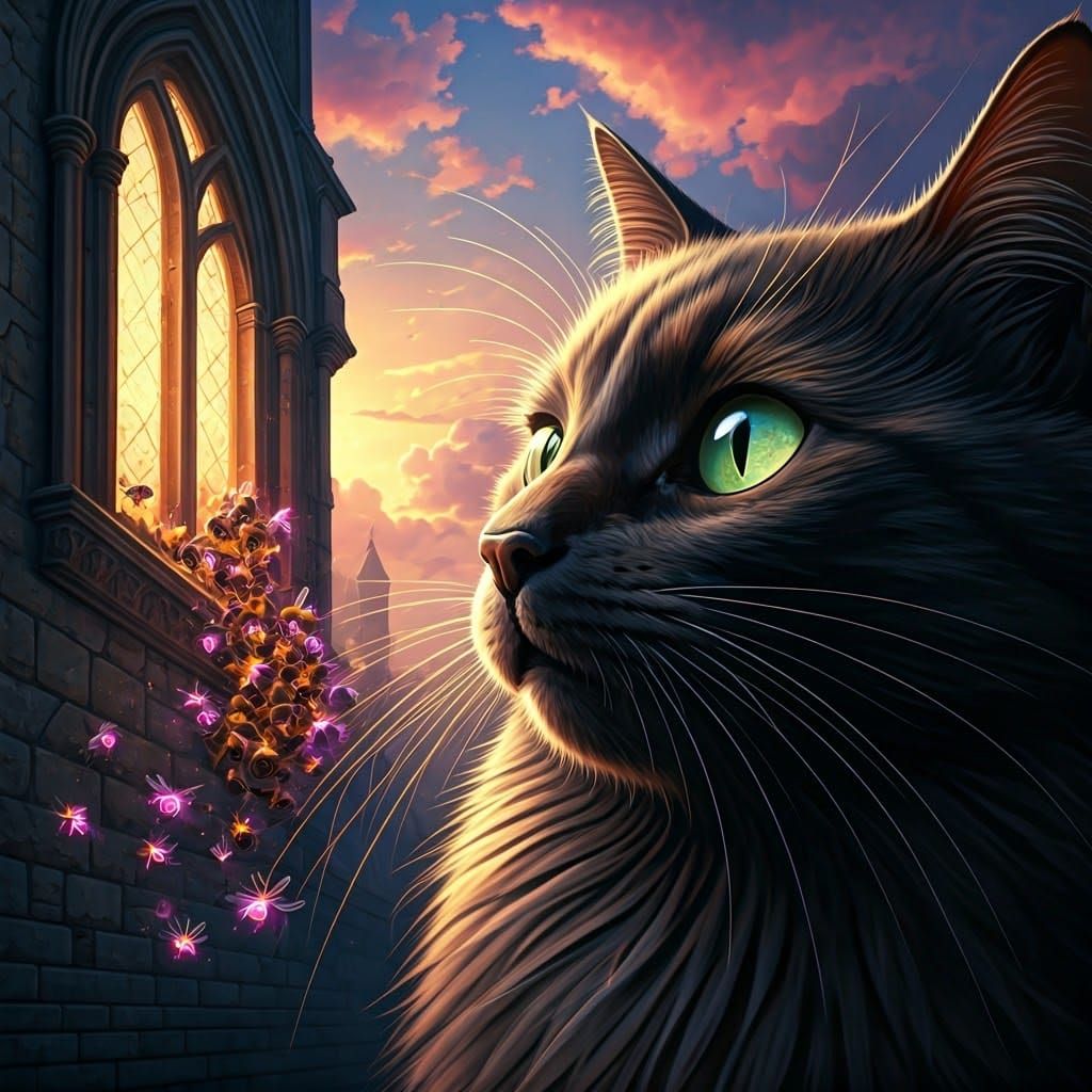 Sleek Black Cat Confronts Vibrant Magical Bee