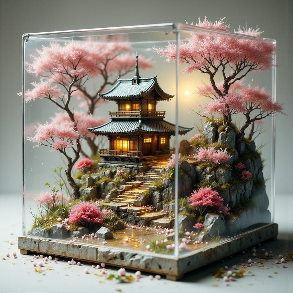 Japanese Temple in Transparent Cube with Cherry Blossoms