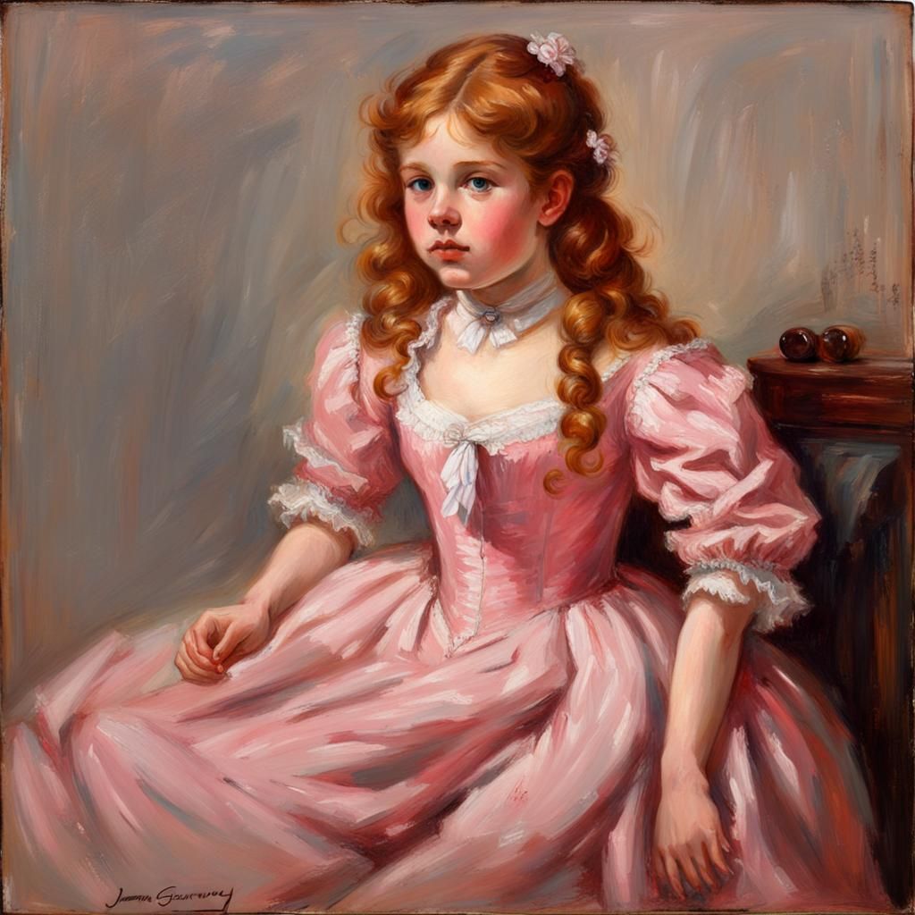 Victorian Girl in Pink Dress, Oil Painting