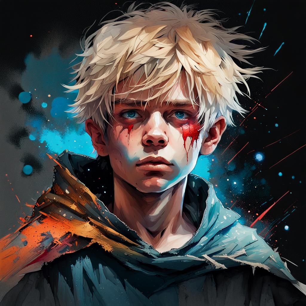 Boy with Bleeding Cut in Fantasy Cosmos