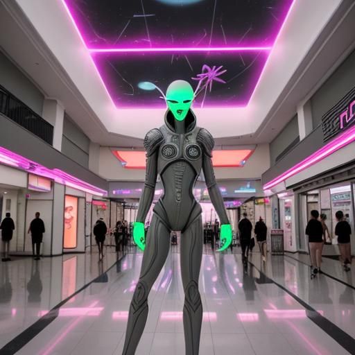 Grey Alien in Florida Mall: Synthwave Neon Art