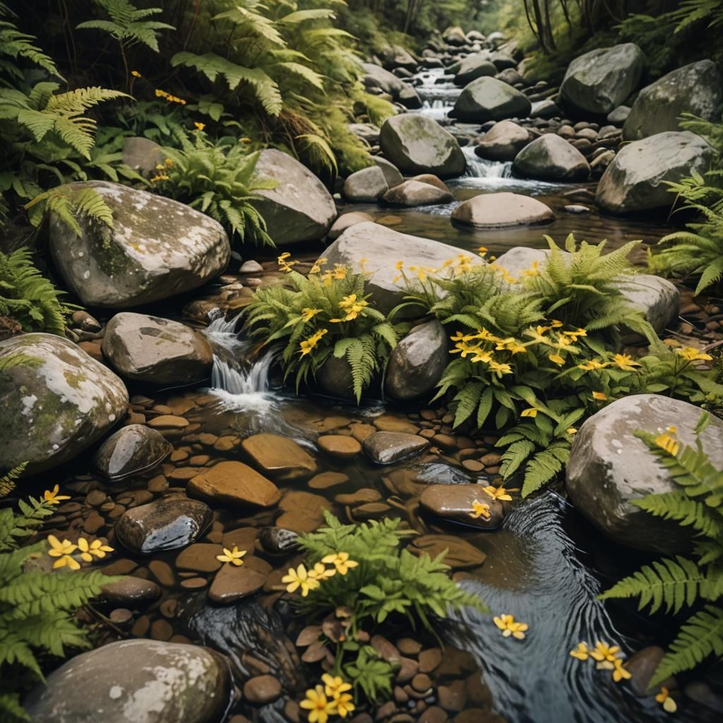 Golden Stream with Ferns and Flowers