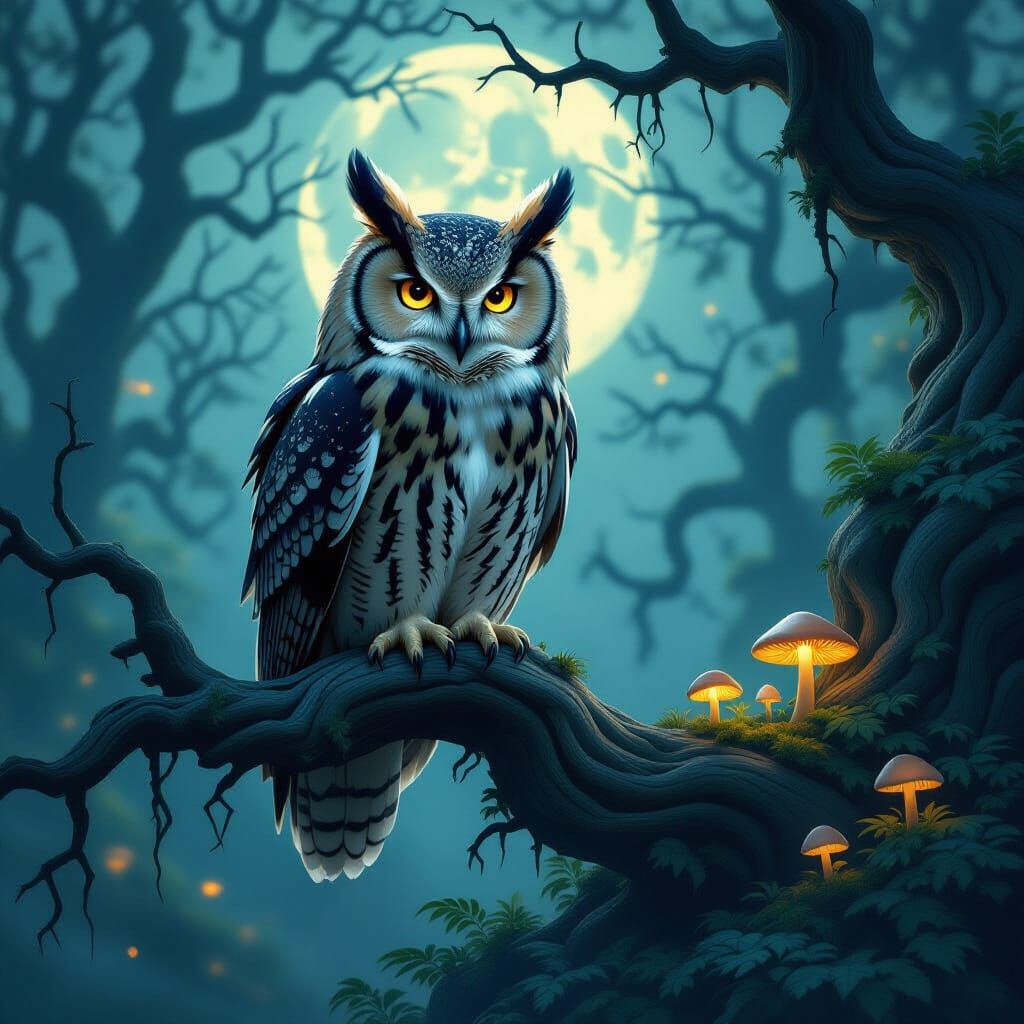 Majestic Owl With Lion Mane Feathers on Ancient Branch