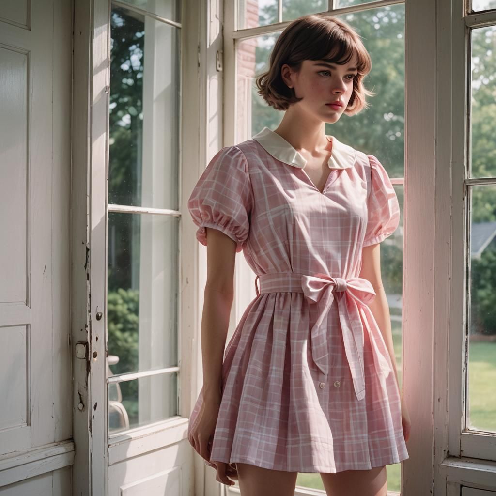 Masculine Boy in Feminine Dress Gazing Through Window