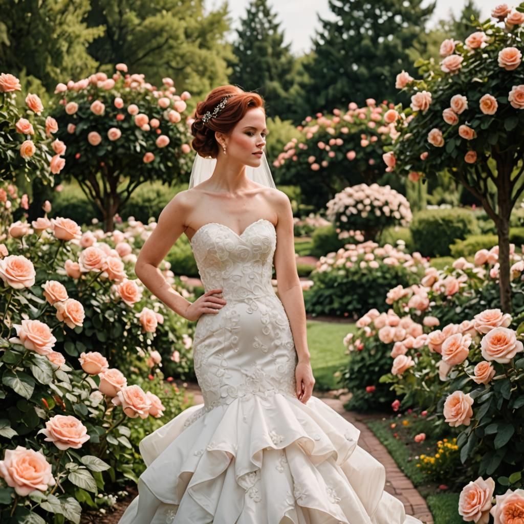 Bride in Rose Garden with Mermaid Wedding Dress
