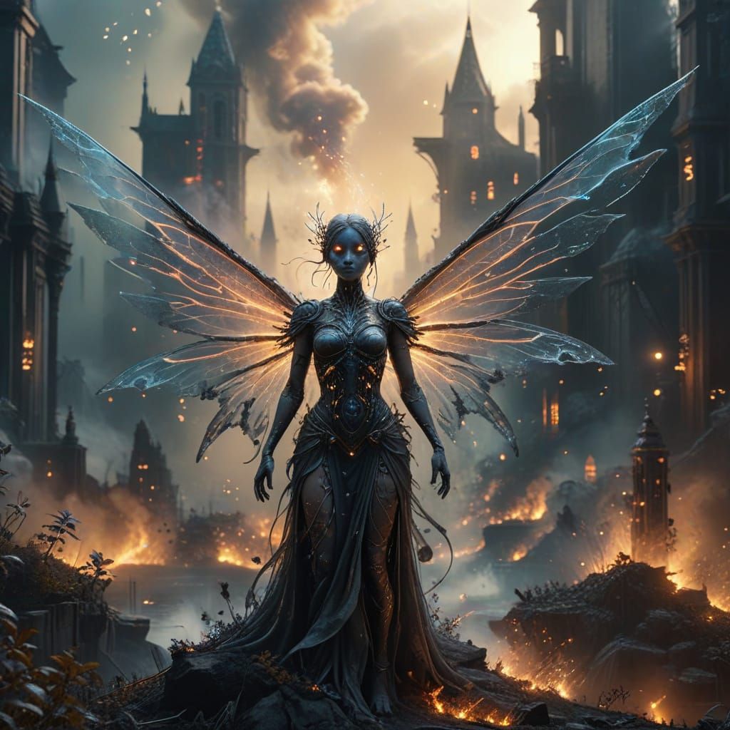 Ash Fairy with Metal Wings in Edenic Cityscape
