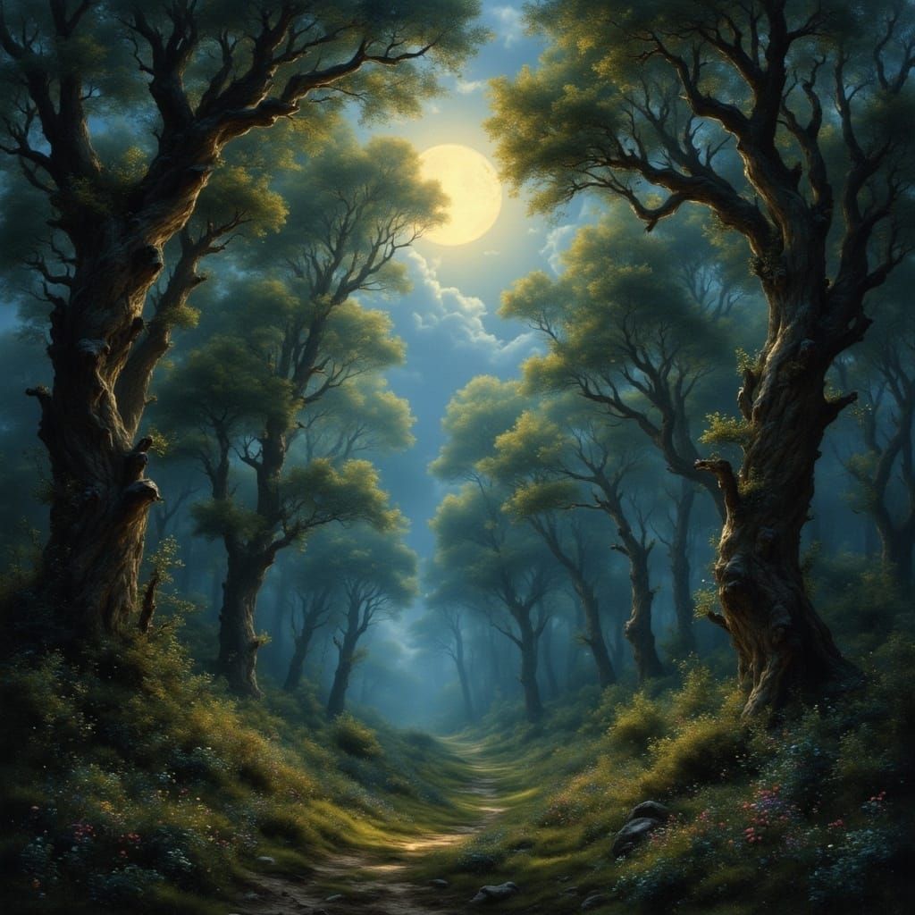 Mystical Moonlit Forest in a Fantasy Style