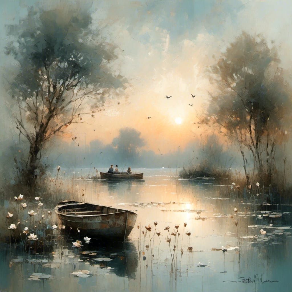 Quiet Lake Sunset in Watercolor Style