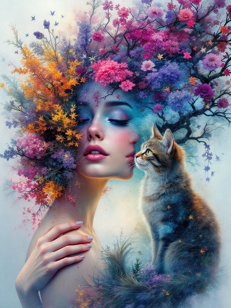 Fairy and Cat Portrait in Glitch-Core Style