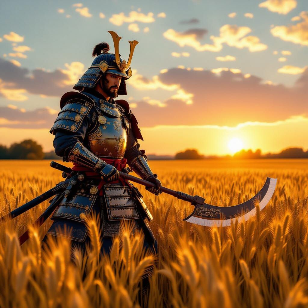 Samurai Warrior in Golden Wheat Field at Sunset
