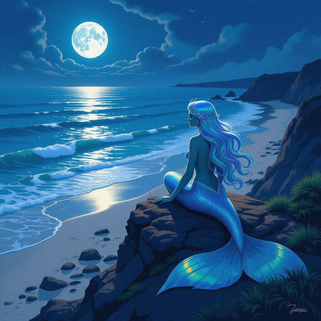 Moonlit Mermaid on Beach: Fantasy Concept Art