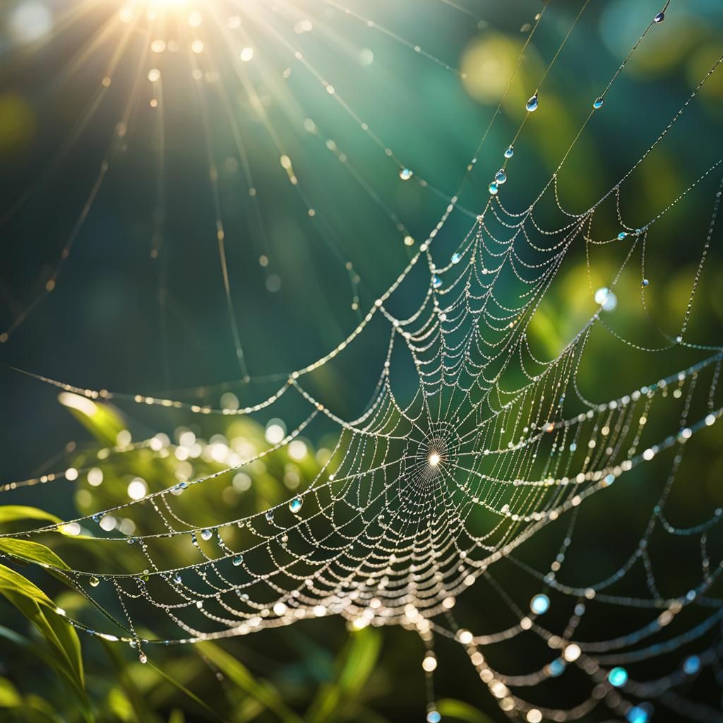 Iridescent Spider Web Shimmers in Morning Sunlight