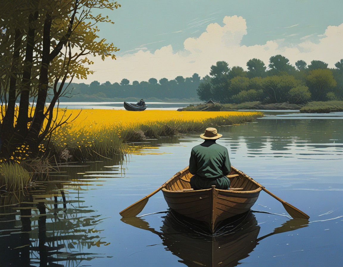 Old Fisherman in a Rowboat amidst the Fading Horizon