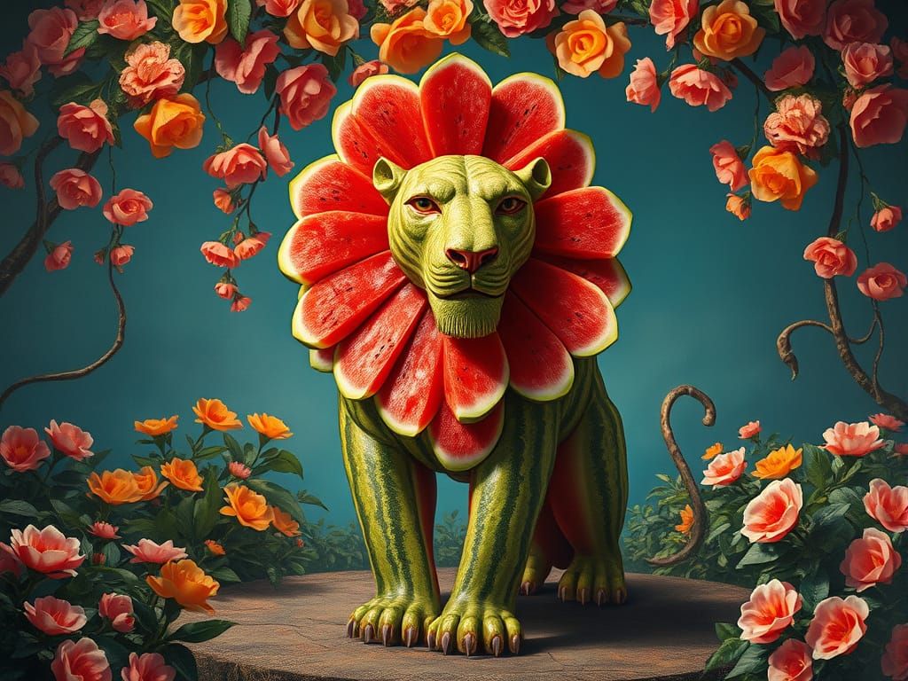 Lion of Vibrant Watermelon Slices in a Surreal Garden