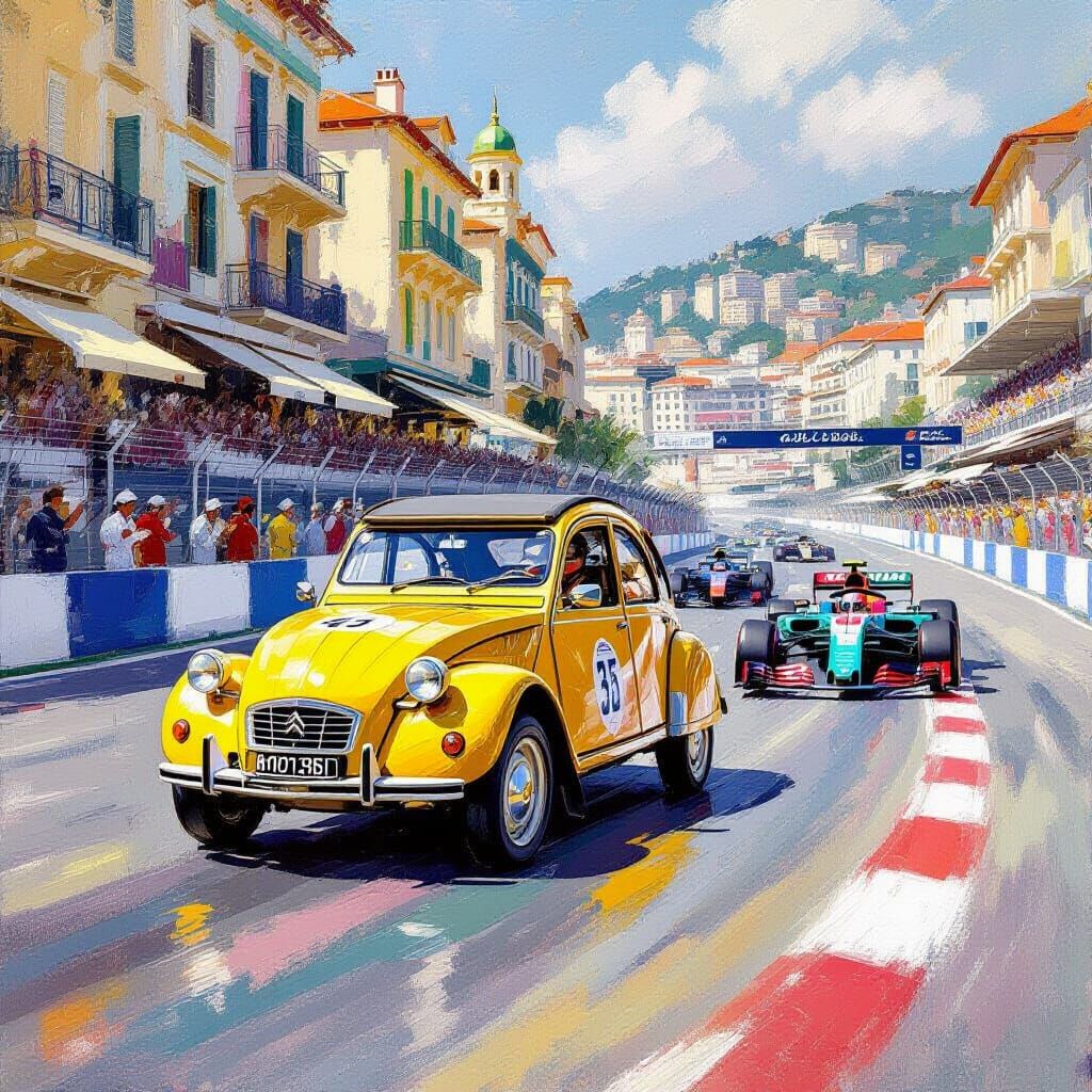 Citroën 2CV Races F1 Cars in Monaco in Impressionist Style