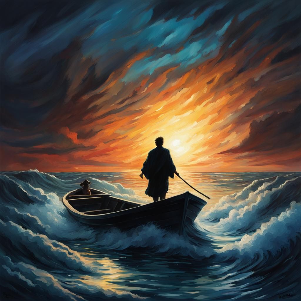 Biblical Figure Walks on Stormy Sea: Hyperrealistic Art