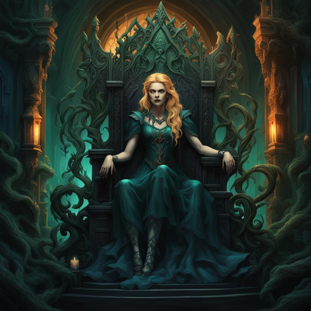 Blonde Vampire Goddess on Gothic Throne