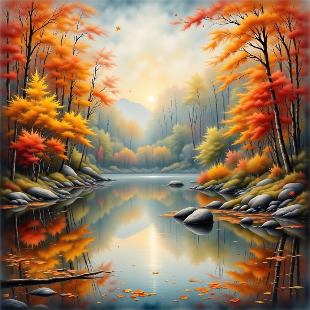 Serene Autumn Lake in Antique Watercolor Style