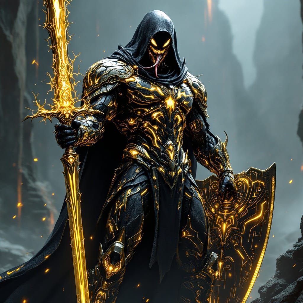 Glowing Venom Warrior in Liquid Gold Armor, Dark Fantasy Fut...